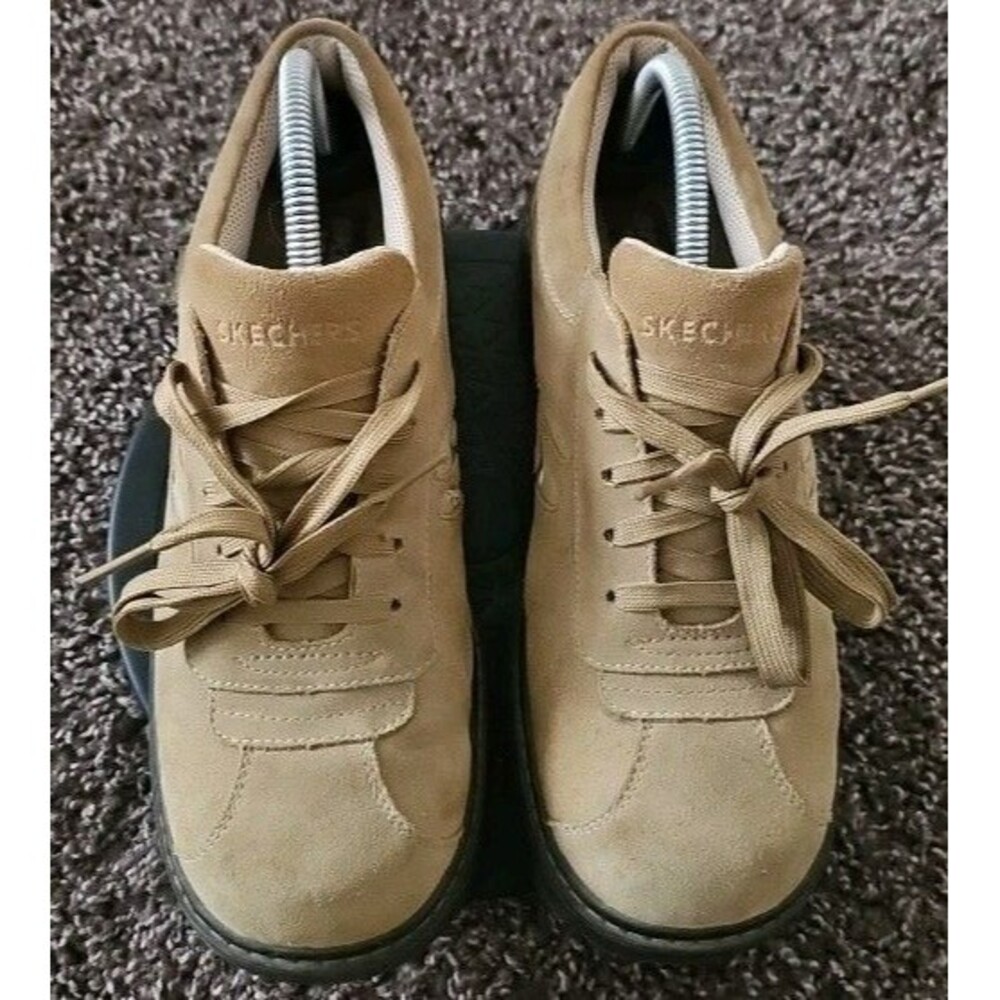 Skechers VTG Suede Leather Lace-Up Platform Chunky Sneakers Tan Sz 10 Y2K 90's